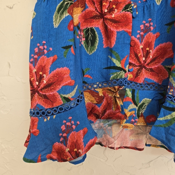 Farm Rio Blue Tropical Button Front Ruffled Top - Picture 6 of 13